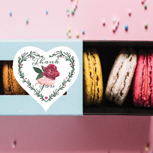Pegatina En Forma De Corazón Gracias Watercolor Floral Red Rose Macaron