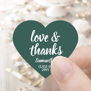 Pegatina En Forma De Corazón Graduación Amor y Gracias Elegante Blanco Verde os