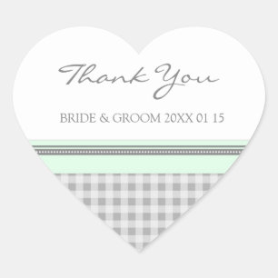 Pegatina En Forma De Corazón Gray Mint Gingham Gracias Etiquetas Favor De Boda