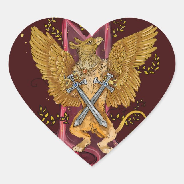 Pegatina En Forma De Corazón Griffin místico con espadas (Anverso)