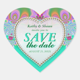 Pegatina En Forma De Corazón Groovy Mint & Pink Save the Date Heart Pegatinas
