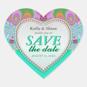 Pegatina En Forma De Corazón Groovy Mint & Pink Save the Date Heart Pegatinas