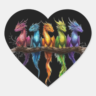 Pegatina En Forma De Corazón Grupo de arcoíris de dragones bebés sobre negro