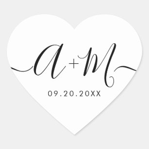 Pegatina En Forma De Corazón Guión de monograma fecha de boda personalizada Cor