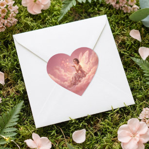 Pegatina En Forma De Corazón Hada de San Valentín en Nubes Rosadas Arte de Fant