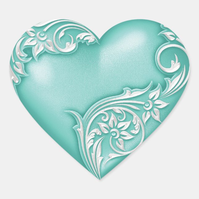 Pegatina En Forma De Corazón Heart Scroll Aqua w White (Anverso)