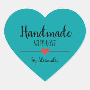 Pegatina En Forma De Corazón Hecho a mano con amor guión verde azulado personal