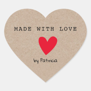 Pegatina En Forma De Corazón Hecho con Amor Corazón Rojo Kraft Personalizado