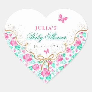 Pegatina En Forma De Corazón Hermosa Rosa Rosa Floral Arco Dorado Baby shower
