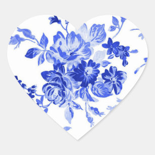 Pegatina En Forma De Corazón Hermoso patrón floral azul vintage
