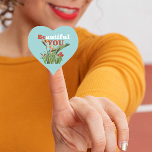 Pegatina En Forma De Corazón Hermoso Sea Tu Naranja Floral Seafoam Green