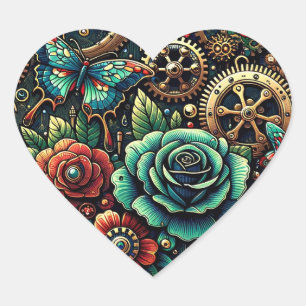 Pegatina En Forma De Corazón Hermosos engranajes y Rosas temáticos de Steampunk