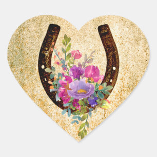 Pegatina En Forma De Corazón Herradura Acuarela Floral Buena Suerte