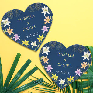 Pegatina En Forma De Corazón Hojas tropicales Boda Floral Exótica Lily Azul