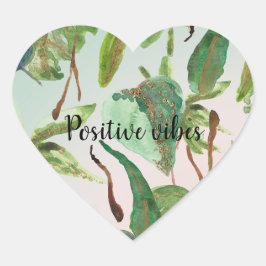 Pegatina En Forma De Corazón Hojas verdes tropicales de oro