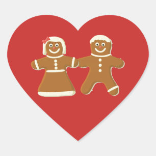 Pegatina En Forma De Corazón Hombre y mujer de pan de jengibre sobre rojo