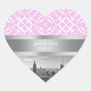 Pegatina En Forma De Corazón Horizonte de la ciudad de NY BW D4P damasco rosa y