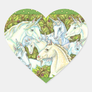 Pegatina En Forma De Corazón HUERTO MEDIEVAL UNICORN, CABALLOS, Fantasía DE EST