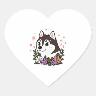 Pegatina En Forma De Corazón Husky Flowers Dog Lover Malamute