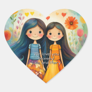 Pegatina En Forma De Corazón Ilustración caprichosa de dos niñas para el Día de
