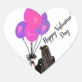 Pegatina En Forma De Corazón Ilustración Chic de Niña con Globo en Día de San V