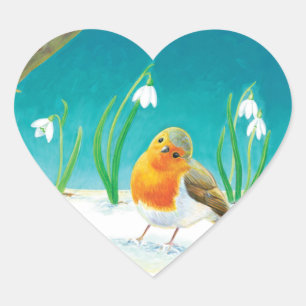 Pegatina En Forma De Corazón Ilustracion Red Robin Bird y Snowdrop
