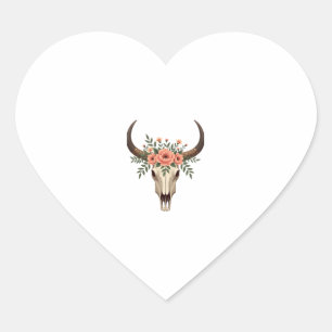 Pegatina En Forma De Corazón Ilustración Vintage Floral Cráneo de Toro Boho Wes