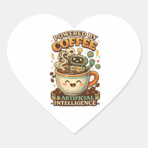Pegatina En Forma De Corazón Impulsado por café y tecnología retro de IA Gráfic