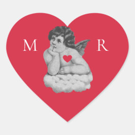 Pegatina En Forma De Corazón Iniciales de ángel de cherub blanco negro lindo