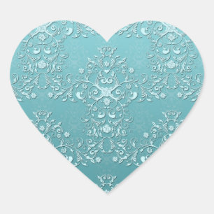 Pegatina En Forma De Corazón Intrincado Damás Floral Verde Azul