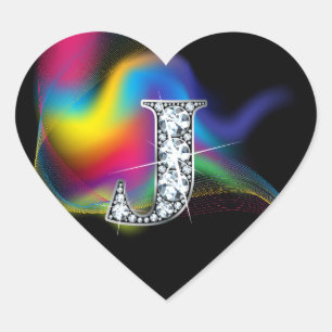 Pegatina En Forma De Corazón "J" Diamond Bling sobre Rainbow Swirl Heart Pegati