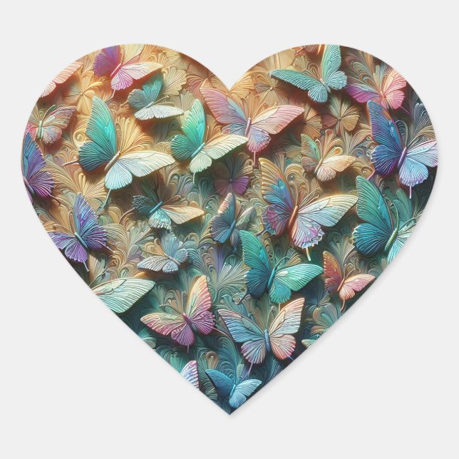 Pegatina En Forma De Corazón Jardín de Mariposas Irisadas (Anverso)
