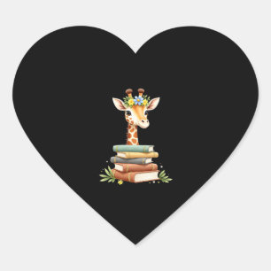 Pegatina En Forma De Corazón Jirafa Linda Con Libro Floral Adicta a los Libros