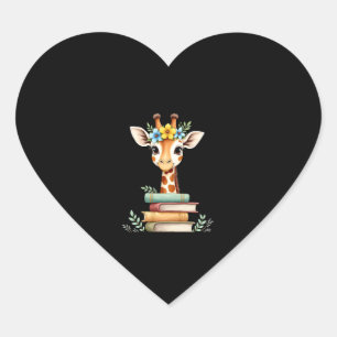 Pegatina En Forma De Corazón Jirafa Linda Con Libro Floral Bookworm Bibliotecar