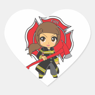 Pegatina En Forma De Corazón Kawaii Brunette Chica de bomberos -