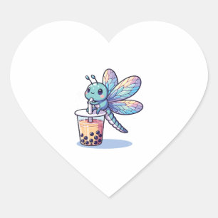 Pegatina En Forma De Corazón Kawaii Dragonflies Bubble Tea Boba Dragonfly