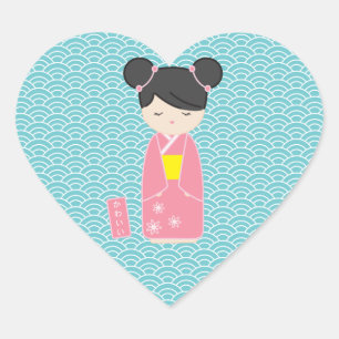 Pegatina En Forma De Corazón Kawaii Pink Kokeshi