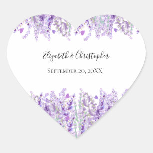 Pegatina En Forma De Corazón Lavender Floral Purple Green Boda