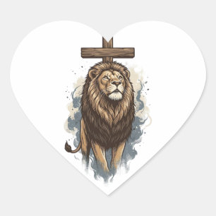 Pegatina En Forma De Corazón León cristiano y cruz vintage