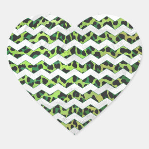 Pegatina En Forma De Corazón Leopardo Chevron Impresión negra y verde