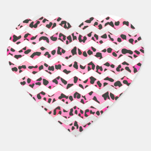 Pegatina En Forma De Corazón Leopardo Negro y Chevron Hot Pink Print