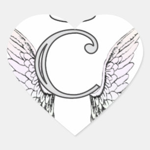 Pegatina En Forma De Corazón Letra C Monograma inicial con Angel Wings & Halo