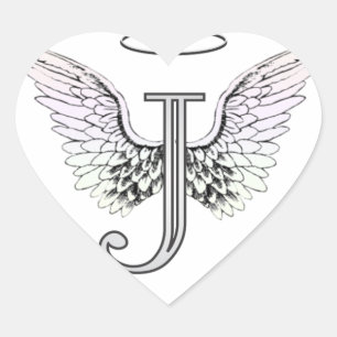 Pegatina En Forma De Corazón Letra J Monograma inicial con Angel Wings & Halo