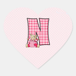 Pegatina En Forma De Corazón Letra monograma de oso rosa N Gingham