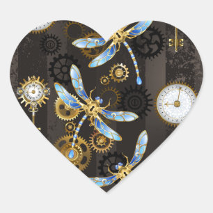 Pegatina En Forma De Corazón Libélulas Steampunk sobre fondo rayado marrón