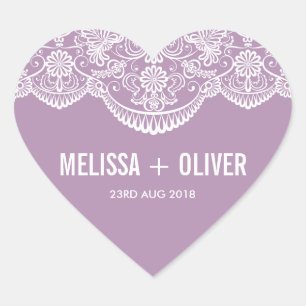 Pegatina En Forma De Corazón Lilac Brocade Lace   Boda Pegatina del corazón