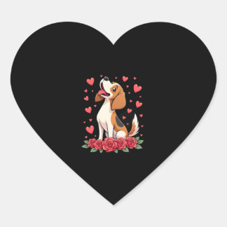 Pegatina En Forma De Corazón Lindo Beagle con Corazones de Rosas Rojas Florales