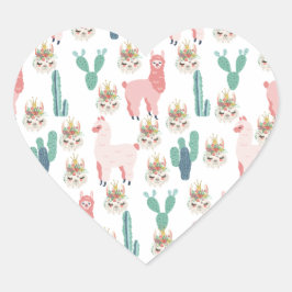 Pegatina En Forma De Corazón Llamas rosadas lindas y cactus verdes