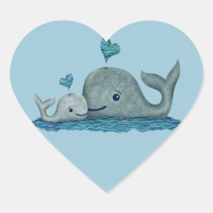 Pegatina En Forma De Corazón Madre ballena y bebé nadando en el mar