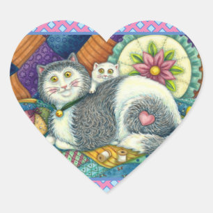 PEGATINA EN FORMA DE CORAZÓN MADRE CAT & KITTEN, COLCHONETAS, PINCUSIÓN